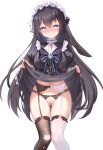  1girl absurdres ass_visible_through_thighs asymmetrical_legwear black_dress black_hair black_thighhighs blue_eyes blush breasts chinese_commentary closed_mouth clothes_lift commentary_request dress dress_lift feet_out_of_frame garter_belt highres juliet_sleeves large_breasts lifting_own_clothes long_hair long_sleeves looking_at_viewer maid maid_headdress mismatched_legwear mismatched_thighhighs navel nose_blush original panties puffy_sleeves qian_hen simple_background smile solo thighhighs torn_clothes torn_dress underwear variant_set very_long_hair white_background white_panties white_thighhighs 
