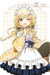  1girl ;d apron argyle_background blonde_hair blue_bow bow braid brown_eyes commentary_request fang floral_print frilled_apron frills fujita_kotone gakuen_idolmaster hair_bow hair_over_shoulder holding holding_tray idolmaster japanese_clothes kimono long_hair looking_at_viewer low_twintails maid maid_apron maid_headdress mao_xiaozha_(rumiechen) obi one_eye_closed print_kimono sash skirt smile solo striped_bow striped_clothes striped_kimono striped_skirt tray twin_braids twintails unmoving_pattern vertical-striped_clothes vertical-striped_kimono vertical-striped_skirt very_long_hair wa_maid watermark white_apron yellow_kimono 