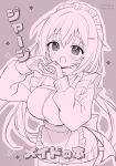  1girl :d aoi_yun apron blush breasts brown_theme frilled_apron frills hair_between_eyes hands_up heart heart_hands highres jacket jersey_maid long_hair looking_at_viewer maid maid_headdress medium_breasts monochrome original smile solo track_jacket translation_request unconventional_maid very_long_hair 