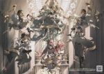  2boys 4girls absurdres black_shoes boots column dress hatsune_miku highres kagamine_len kagamine_rin kaito_(vocaloid) key_visual long_hair megurine_luka meiko_(vocaloid) miku_symphony_(vocaloid) multiple_boys multiple_girls official_art pillar promotional_art rella ribbon shoes socks twintails vocaloid 