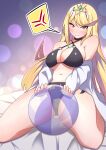  1girl anger_vein ball beachball bikini black_bikini blonde_hair chest_jewel core_crystal_(xenoblade) highres kneeling long_hair mythra_(xenoblade) osora_(judithandlilith) pout solo speech_bubble spoken_anger_vein swimsuit tiara xenoblade_chronicles_(series) xenoblade_chronicles_2 yellow_eyes 