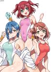  3girls absurdres ai_scream!_(love_live!) aiscream_(love_live!) aiuti aqua_eyes blue_hair blue_one-piece_swimsuit brown_eyes competition_swimsuit covered_navel food green_eyes hair_bun highleg highleg_one-piece_swimsuit highres ice_cream jacket kurosawa_ruby love_live! love_live!_nijigasaki_high_school_idol_club love_live!_sunshine!! love_live!_superstar!! multiple_girls one-piece_swimsuit open_mouth pink_one-piece_swimsuit red_hair red_one-piece_swimsuit round_teeth short_hair simple_background single_hair_bun swimsuit teeth twitter_username two-tone_swimsuit two_side_up uehara_ayumu upper_teeth_only w_arms wakana_shiki white_background white_jacket 