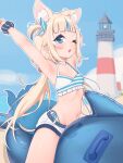  1girl absurdres animal_ears arms_up beach bikini blue_eyes blue_hair blue_sky breasts cat_ears fins fish_girl fish_tail highres indie_virtual_youtuber inflatable_dolphin inflatable_toy lighthouse lucasyecla99 multicolored_hair navel one_eye_closed one_side_up open_mouth sameko_saba sand shorts sky small_breasts solo swimsuit tail two-tone_hair virtual_youtuber white_bikini white_shorts 