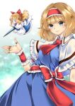 1girl alice_margatroid ascot blonde_hair blue_dress blue_eyes breasts capelet closed_mouth commentary_request cowboy_shot dress frilled_capelet frilled_hairband frilled_wrist_cuffs frills hair_over_hairband hairband highres jewelry large_breasts light_blush looking_at_viewer medium_hair meji_aniki puppet_rings red_ascot red_hairband ring sash shanghai_doll short_sleeves smile solo standing touhou waist_sash white_capelet wrist_cuffs 