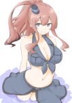  1girl adapted_costume akara_kai arms_behind_back bikini bikini_skirt black_bikini breast_pocket breasts brown_eyes brown_hair cowboy_shot front-tie_bikini_top front-tie_top grey_eyes high_side_ponytail highres kantai_collection large_breasts long_hair pocket saratoga_(kancolle) saratoga_mk_ii_(kancolle) side_ponytail smokestack_hair_ornament solo swimsuit wading water 