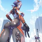  4girls absurdres artist_name ass black_bodysuit blue_sky bodysuit breasts building city cloud colossus_(natsukaze_shigure) from_behind from_below giant giantess gixer_250_(natsukaze_shigure) green_eyes grey_hair headgear hexagon_print highres hydrasia_(natsukaze_shigure) impossible_bodysuit impossible_clothes large_breasts long_hair looking_at_viewer looking_back m004_(natsukaze_shigure) multiple_girls natsukaze_shigure original outdoors purple_hair red_eyes science_fiction short_hair signature skin_tight sky skyscraper smile solo_focus textless_version twintails v variant_set white_hair 