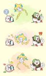  !? absurdres beans black_eyes bright_pupils closed_eyes commentary_request dartrix hands_up highres hungry jirachi musical_note no_humans notice_lines o_o one_eye_closed pkpokopoko3 pokemon pokemon_(creature) pokemon_focus rowlet star_(symbol) u_u white_pupils 