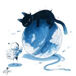  1other animal animal_focus artist_name backpack bag black_cat blue_jacket blue_sky cat closed_eyes cloud commentary fish flying_fish gloves hand_up helmet highres jacket kazunoko_(kazunoko_zunoco) looking_at_animal mini_person original radio_antenna signature simple_background sky space_helmet standing whiskers white_background white_gloves yarn yarn_ball 