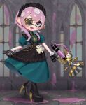  1girl apron black_apron black_boots black_gloves blue_dress blue_eyes boots collared_dress commentary commission dress eyepatch frilled_apron frills full_body gloves hair_between_eyes highres holding holding_weapon long_hair looking_at_viewer maid_headdress multicolored_eyes octoling octoling_girl octoling_player_character one_eye_covered open_mouth paint_splatter pink_hair puchiman puffy_short_sleeves puffy_sleeves purple_eyes short_sleeves skeb_commission skirt_hold smile solo splatoon_(series) sploosh-o-matic_(splatoon) standing symbol-only_commentary tentacle_hair weapon yellow_eyes 