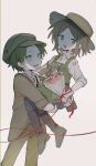  1boy 1girl apron beard_stubble black_necktie blue_eyes blue_pants boots bouquet brown_boots brown_hair brown_hat brown_jacket brown_pants carrying carrying_person character_doll chinese_commentary chromatic_aberration collared_shirt commentary_request doll emma_woods facial_hair film_grain flower freckles gloves green_apron hat heterochromia highres holding holding_bouquet identity_v jacket jin_fang_jintian_gu_le_ma knee_boots kreacher_pierson necktie no_nose open_clothes open_jacket open_mouth pants parted_bangs patchwork_clothes pink_flower red_ribbon ribbon shirt short_hair sleeves_rolled_up smile striped_clothes striped_pants stubble vertical-striped_clothes vertical-striped_pants white_background white_gloves white_shirt yellow_eyes 