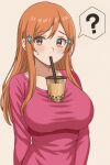  1girl ? b_eaka bleach blush breasts brown_eyes bubble_tea bubble_tea_challenge collarbone commentary cup disposable_cup drinking_straw drinking_straw_in_mouth eyelashes frown furrowed_brow hair_between_eyes hair_ornament hairclip highres inoue_orihime large_breasts long_hair long_sleeves looking_at_viewer orange_hair pink_shirt shirt sidelocks simple_background solo speech_bubble spoken_question_mark straight_hair sweatdrop yellow_background 
