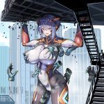  1girl absurdres artist_name blue_hair blush bodysuit breasts building cameltoe colossus_(natsukaze_shigure) covered_navel covered_nipples fingering fingering_through_clothes giant giantess grabbing_another&#039;s_breast green_eyes groping highres huge_breasts impossible_bodysuit impossible_clothes large_breasts magical_girl medium_hair natsukaze_shigure nipple_rub nipple_stimulation open_mouth original short_hair skin_tight solo standing surrounded_by_hands textless_version through_clothes tickling variant_set 