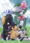  bob_cut bonnet colored_skin dress eb_allergy extra_mouth fangs flower gardevoir gardevoir_(fashionable) grass green_hair green_skin hair_over_one_eye hat hat_flower highres mawile mimikyu multicolored_skin on_grass outdoors pink_flower pokemon pokemon_(creature) pokemon_unite protected_link red_eyes signature sitting two-tone_skin white_dress white_skin yellow_skin 