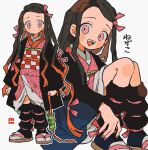  1girl :d black_hair black_leg_warmers blush_stickers brown_sandals character_name checkered_sash closed_mouth full_body hair_ribbon haori holding_gag japanese_clothes kamado_nezuko kimetsu_no_yaiba kimono knees_up leg_warmers long_hair long_sleeves looking_at_viewer multiple_views open_mouth pink_eyes pink_kimono pink_ribbon ribbon sandals simple_background sitting smile socks standing tabi white_background white_socks zettai_22 