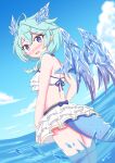  1girl bikini bikini_skirt blue_sky blue_tail blush crystal_horns crystal_wings dragon_horns dragon_tail dragon_wings flower frilled_bikini frills hair_flower hair_ornament hair_over_shoulder highres horns looking_back nojyo_plus ocean princess_connect! purple_eyes sheffy_(princess_connect!) sheffy_(summer)_(princess_connect!) sky standing swimsuit tail wading wings 