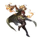  blonde_hair boots brown_eyes cape fire full_body gloves granblue_fantasy jewelry knee_boots looking_back minaba_hideo official_art pantylines pleated_skirt shingeki_no_bahamut short_hair skirt solo teena_(granblue_fantasy) thighhighs transparent_background 