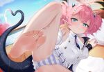  1girl absurdres aqua_eyes armpit_crease barefoot black_tail blue_archive blue_necktie blush cameltoe collared_dress dress feet foot_focus green_horns green_nails hair_ornament highres horns momoka_(blue_archive) nail_polish necktie panties pink_hair pointy_ears radoremo soles solo spread_legs tail toenail_polish toenails toes triangle_hair_ornament underwear 