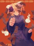  1girl blonde_hair blue_robe don_quixote_(project_moon) double_bun e.g.o_(project_moon) flower hair_bun highres limbus_company looking_at_viewer ofuda one_eye_covered orange_background project_moon red_flower red_rose red_sheet_(e.g.o) robe rose short_hair simple_background smile solo ss0_520 standing talisman upper_body will-o&#039;-the-wisp_(mythology) yellow_eyes 