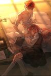  1girl bandaged_arm bandaged_chest bandaged_hand bandaged_head bandaged_wrist bandages black_skirt blush book book_stack breasts brown_vest bruise closed_eyes commissioner_insert couple cross cross_print emiya_shirou fate/stay_night fate_(series) hair_ribbon homurabara_academy_school_uniform injury long_hair momomiya_shizuku_(gaoyue_jixiang) muscular muscular_male naked_bandage neck_ribbon nipples nude oc_x_canon open_book orange_hair original pastels pectorals pink_eyes print_ribbon red_hair red_ribbon ribbon school_uniform skirt sleeping sleeping_on_person two_side_up undone_neck_ribbon vest zzz 