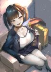 1girl asymmetrical_bangs black_choker black_hair black_jacket black_shoes black_skirt blunt_bangs breasts choker cleavage cut_bangs ear_piercing goddess_of_victory:_nikke hashtag-only_commentary high_heels highres jacket jewelry large_breasts long_hair looking_at_viewer multiple_rings open_clothes open_jacket open_mouth oval_blue pantyhose pencil_skirt piercing red_eyes ring rolling_suitcase shirt shoes sitting skirt smile solo sora_(nikke) suitcase twintails white_pantyhose white_shirt 
