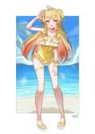  1girl :d ahoge alternate_costume alternate_hairstyle arm_up armpits beach beamed_eighth_notes blonde_hair blue_sky brown_eyes casual_one-piece_swimsuit center-flap_bangs chest_bow cloud commentary_request day double-parted_bangs double_bun eighth_note frilled_one-piece_swimsuit frills full_body gingham_one-piece_swimsuit gradient_hair hair_bun hair_ornament highres hololive hololive_dev_is leaning_forward long_hair looking_at_viewer multicolored_hair musical_note musical_note_hair_ornament ocean one-piece_swimsuit open_mouth orange_hair otonose_kanade outdoors palm_leaf sandals side_up_bun sidelocks single_wrist_cuff sky smile solo standing swimsuit teeth thigh_strap upper_teeth_only very_long_hair virtual_youtuber wrist_cuffs yellow_one-piece_swimsuit yoshidadon 
