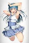  ;d armpits blue_hair blush dress hairband hareno_chiame jumping long_hair looking_at_viewer love_live! love_live!_sunshine!! one_eye_closed open_mouth purple_eyes side_bun sketch smile solo tsushima_yoshiko v 