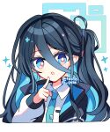  1girl :o aris_(blue_archive) black_hair black_jacket blue_archive blue_eyes blue_halo blue_necktie blush bright_pupils collared_shirt commentary cropped_torso dot_nose hair_between_eyes halo hand_up highres index_finger_raised jacket long_hair long_hair_between_eyes long_sleeves looking_at_viewer necktie open_clothes open_jacket open_mouth shirocha_tei shirt simple_background solo twitter_username white_background white_pupils white_shirt 