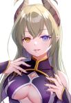  1girl alternate_costume black_nails black_shirt blue_eyes breasts brown_horns chama_(tyama_amayt) cleavage_cutout clothing_cutout commentary_request curled_horns demon_girl demon_horns fingernails green_hair heterochromia highres horns large_breasts looking_at_viewer nanashi_inc. open_mouth pointy_ears sekishiro_mico shirt simple_background smile solo tongue tongue_out underboob upper_body virtual_youtuber white_background yellow_eyes 