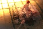  1girl bandaged_arm bandaged_chest bandaged_hand bandaged_head bandaged_wrist bandages black_skirt blush book book_stack breasts brown_vest bruise closed_eyes commissioner_insert couple cross cross_print emiya_shirou fate/stay_night fate_(series) gaoyue_jixiang hair_ribbon highres homurabara_academy_school_uniform injury long_hair momomiya_shizuku_(gaoyue_jixiang) muscular muscular_male naked_bandage neck_ribbon nipples nude oc_x_canon open_book orange_hair original pastels pectorals pink_eyes print_ribbon red_hair red_ribbon ribbon school_uniform skirt sleeping sleeping_on_person two_side_up undone_neck_ribbon vest zzz 