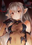  :o bangs bare_shoulders black_gloves bobu_(bovyo222) borrowed_character breasts colo_mag-chan covered_navel detached_sleeves draph eyebrows eyebrows_visible_through_hair gloves granblue_fantasy hair_between_eyes hair_twirling hand_in_hair highres leotard long_hair long_sleeves medium_breasts open_mouth original pointy_ears red_eyes silver_hair solo taut_clothes taut_leotard upper_body white_hair 