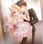  1girl blonde_hair blue_eyes blush breast_grab breasts brown_hair choker dress faceless faceless_male formal frilled_dress frills gloves grabbing groping hair_ornament hands_up hetero highres implied_sex jewelry long_hair necklace one_eye_closed saratoga_(zhan_jian_shao_nyu) short_dress strapless strapless_dress suit tiara white_dress white_gloves wince yuemanhuaikong zhan_jian_shao_nyu 