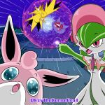 artist_name blue_eyes bob_cut bonnet colored_skin dress gardevoir gardevoir_(fashionable) gengar green_hair green_skin highres meme multicolored_skin pink_eyes pink_fur pokemon pokemon_(creature) pokemon_unite roythedemonrea1 two-tone_skin two_soyjaks_pointing_(meme) white_dress white_skin wigglytuff zapdos 