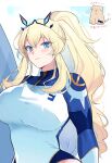  absurdres armband barghest_(fate) barghest_(over_the_same_sky)_(fate) blonde_hair blue_eyes blue_one-piece_swimsuit blush breasts dog fate/grand_order fate_(series) genpachi_(fate) heart highres horns large_breasts long_hair math_mol_bb narrow_waist one-piece_swimsuit orange_eyes ponytail smile spoken_heart surfboard swimsuit white_one-piece_swimsuit 