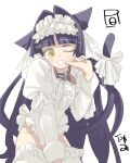  1girl animal_collar animal_ears blunt_bangs bow cat_ears cat_girl cat_tail center_frills collar cowboy_shot fang frilled_hairband frilled_leotard frilled_sleeves frilled_thighhighs frills hair_intakes hairband highres juliet_sleeves leotard long_hair long_sleeves looking_at_viewer one_eye_closed open_mouth original parted_bangs puffy_sleeves purple_hair shirt simple_background sleeve_cuffs slit_pupils solo tail tail_bow tail_ornament thighhighs veloexotica very_long_hair white_hairband white_leotard white_shirt white_thighhighs yellow_eyes 