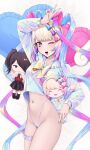  1girl ame-chan_(needy_girl_overdose) arm_up bare_hips bed_sheet belt blonde_hair blue_belt blue_bow blue_eyes blue_hair blue_nails blue_panties blue_sailor_collar blue_serafuku blunt_bangs blush bow bowtie breasts character_doll chouzetsusaikawa_tenshi-chan collarbone dakimakura_(medium) doll eyeshadow fingernails gradient_belt gradient_clothes gradient_hair gradient_shirt groin hair_bow heart heart-shaped_pillow highleg highleg_panties highres hip_bones long_hair long_sleeves looking_at_viewer makeup multicolored_hair multicolored_nails multicolored_shirt nail_polish navel needy_girl_overdose no_pants one_eye_closed open_mouth panties pillow pink_bow pink_eyeshadow pink_hair pink_nails purple_bow quad_tails sailor_collar school_uniform serafuku shirt shirt_overhang sleeves_past_wrists smile solo star_ornament stomach stuffed_toy teeth thigh_belt thigh_strap thighs tongue underwear v v_over_head very_long_hair w waytok yellow_bow yellow_bowtie yellow_nails yume_kawaii 