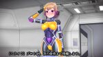  1girl 3d agent_mirai blender_(medium) blush bodysuit breasts brown_hair cameltoe corruption covered_navel covered_nipples dark_persona empty_eyes gradient_hair highres impossible_bodysuit impossible_clothes large_breasts latex medium_breasts mind_control mirai_(agent_mirai) multicolored_hair orange_bodysuit pink_bodysuit pubic_tattoo purple_bodysuit purple_eyes purple_hair salute science_fiction short_hair skin_tight solo tattoo umaaji_lady_mk2 