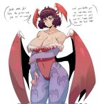  1girl animal_print bare_shoulders bat_print bat_wings blue_pantyhose breasts bridal_gauntlets brown_eyes brown_hair cleavage cosplay cupperexe darkstalkers diamond_cutout fur_trim head_wings highleg highleg_leotard highres kawakami_sadayo large_breasts leotard lilith_(darkstalkers) lilith_(darkstalkers)_(cosplay) looking_at_viewer mole mole_on_breast off-shoulder_leotard pantyhose persona persona_5 print_pantyhose purple_pantyhose red_leotard red_wings short_hair simple_background solo speech_bubble white_background wings 