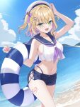  1girl absurdres bare_shoulders beach blonde_hair blue_innertube blue_sailor_collar blue_shorts blue_sky blush bow breasts cloud cloudy_sky collarbone colored_inner_hair day earrings fang fingernails green_eyes hair_bow hair_intakes hair_ornament hairclip hat heart heart_earrings heart_tattoo highleg highres holding holding_swim_ring jewelry kurumi_noah leg_tattoo medium_hair multicolored_hair nail_polish navel ocean open_mouth outdoors pink_bow pink_eyes pink_nails sailor_collar sailor_hat sand school_uniform serafuku shorts sky smile solo stomach swim_ring tattoo teddy_bear_hair_ornament thighs two-tone_hair two-tone_innertube two_side_up virtual_youtuber vspo! white_hat white_innertube white_serafuku ysnhryk 