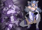  1girl after_sex arms_up blue_eyes blue_hair blush breasts cleavage commission covered_navel covered_nipples cum cum_in_pussy cumdrip elbow_gloves exs-tia_(kouyoku_senki_exs-tia_3) gloves green_eyes hair_intakes high_heels katsuragi_marina kouyoku_senki_exs-tia large_breasts long_hair looking_at_viewer multiple_views navel nipples open_mouth panties purple_eyes semikichi skeb_commission smile spread_legs squatting symbol-shaped_pupils thighhighs torn_clothes underwear white_panties 