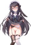  1girl absurdres ass_visible_through_thighs asymmetrical_legwear black_dress black_hair black_thighhighs blue_eyes blush breasts chinese_commentary cleft_of_venus closed_mouth clothes_lift commentary_request dress dress_lift feet_out_of_frame garter_belt highres juliet_sleeves large_breasts lifting_own_clothes long_hair long_sleeves looking_at_viewer maid maid_headdress mismatched_legwear mismatched_thighhighs navel nose_blush original panties panty_pull puffy_sleeves pussy pussy_juice pussy_juice_stain qian_hen simple_background smile solo stained_panties thighhighs torn_clothes torn_dress uncensored underwear variant_set very_long_hair white_background white_panties white_thighhighs 