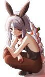  1girl animal_ears bare_arms bare_shoulders black_hairband black_leotard black_shoes blue_hair bow braid breasts brown_pantyhose bunny_day carrot_hair_ornament commentary_request covered_navel crossed_arms fake_animal_ears food-themed_hair_ornament hair_bow hair_ornament hairband high_heels highres hololive kiritoma leotard multicolored_hair pantyhose rabbit-shaped_pupils rabbit_ears rabbit_tail red_eyes shadow shoes short_eyebrows small_breasts solo squatting strapless strapless_leotard sunlight symbol-shaped_pupils tail thick_eyebrows twin_braids twintails two-tone_hair usada_pekora virtual_youtuber white_background white_bow white_hair 