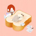  2boys :| armor bedivere_(fate) bread bread_slice brown_shoes cape chibi chibi_only closed_eyes closed_mouth creature expressionless facing_another fate/grand_order fate_(series) food fou_(fate) full_body fur-trimmed_cape fur_trim gauntlets grey_hair head_down long_hair low_twintails lying male_focus multiple_boys on_food on_stomach paper paw_print pen pink_background red_hair shoes simple_background standing toast tristan_(fate) twintails white_cape ymmdnj 