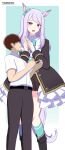  1boy 1girl animal_ears aqua_socks dress felleo105 frilled_skirt frills height_difference highres horse_ears horse_girl layered_dress mejiro_mcqueen_(umamusume) purple_eyes purple_hair skirt smile socks tall_female trainer_(umamusume) umamusume 