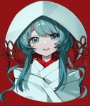  1girl absurdres aqua_eyes aqua_hair artist_name commentary cropped_torso dot_nose hatsune_miku highres hood hood_up japanese_clothes kimono light_smile lipstick long_hair makeup myuga66666 parted_lips red_background shiromuku sidelocks solo tassel uchikake upper_body vocaloid white_kimono yuki_miku yuki_miku_(2013) 