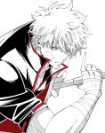  1boy bandaged_arm bandaged_hand bandages black_shirt collared_shirt drawing_sword gauze gauze_on_cheek gintama hadanugi_dousa hair_between_eyes holding holding_sword holding_weapon looking_to_the_side male_focus open_collar popped_collar red_trim sakata_gintoki sanpaku shirt short_hair sideways_glance simple_background siro_nui81 solo sword upper_body weapon white_background 