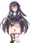  1girl absurdres ass_visible_through_thighs asymmetrical_legwear black_dress black_hair black_thighhighs blue_eyes blush breasts chinese_commentary cleft_of_venus clothes_lift commentary_request dress dress_lift feet_out_of_frame garter_belt heart heart-shaped_pupils highres juliet_sleeves large_breasts lifting_own_clothes long_hair long_sleeves looking_at_viewer maid maid_headdress mismatched_legwear mismatched_thighhighs navel nose_blush open_mouth original panties panty_pull puffy_sleeves pussy pussy_juice pussy_juice_stain qian_hen simple_background smile solo stained_panties symbol-shaped_pupils thighhighs torn_clothes torn_dress uncensored underwear variant_set very_long_hair white_background white_panties white_thighhighs 