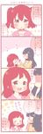  4koma :d :o alternate_hairstyle bangs black_hair blue_eyes blush comic cutting_hair hair_down hair_ribbon hood hood_down kurosawa_dia kurosawa_ruby long_hair long_sleeves love_live! love_live!_sunshine!! mole mole_under_mouth multiple_girls open_mouth red_hair ribbon saku_usako_(rabbit) scissors shaded_face siblings sisters smile sweatdrop sweater translated two_side_up |_| 