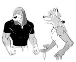 2023 angry anthro bottomwear canid canine canis clothed clothing copper_(tfath) digital_media_(artwork) disney dog_tags domestic_dog duo eyes_closed fist fox fur hair hi_res holding_object hunter-husky hunting_dog looking_at_another looking_away male mammal monochrome muscular muscular_anthro muscular_male pants red_fox scent_hound shirt signature simple_background standing t-shirt tank_top teeth the_fox_and_the_hound tod_(tfath) tongue topwear true_fox white_background
