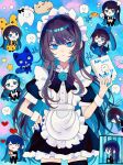  1girl :3 ado_(utaite) ado_box adorozatorumary anger_vein apron black_dress black_hair black_thighhighs blue_eyes blue_hair blue_nails bubble_tea chando_(ado) chef_hat chibi chinese_commentary closed_mouth colored_inner_hair commentary_request dmyfish dress food ha-chan_(ado) hat heart highres long_hair maid maid_headdress multicolored_hair nail_polish omelet omurice puffy_short_sleeves puffy_sleeves sanrio short_sleeves star_(symbol) sweat sweatdrop thighhighs white_apron zettai_ryouiki 