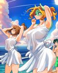 4:5 absurd_res anthro avian big_breasts bird blonde_hair breasts brown_hair butt clothing cloud day dress duo_focus eyelashes female fur green_body green_fur green_hair group gull hair hi_res human ippan_josei izuku_midoriya lari larid male mammal my_hero_academia navel ochaco_uraraka ponytail quirked_human_(my_hero_academia) sky smile translucent translucent_clothing trio vlizz white_clothing white_dress